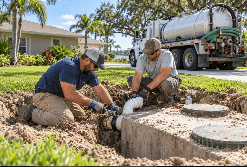 Trade image of technicians working on a septic tank connection
